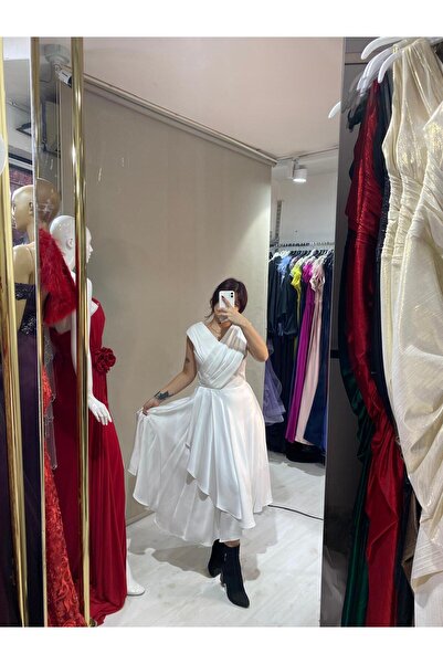 AYSHA BOUTIQUE Çapraz Yaka Bilek Boy Beyaz Elbise