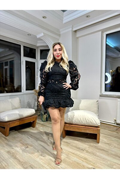 gülcanla moda Beyaz Güpürlü Mini Elbise