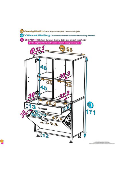 Modilayn YENİ AFRA 55x173x32,5 cm' lik 1 Çekmece, 1 Göz Sepet, 2 Kapak, 4 Raf Banyo Dolabı