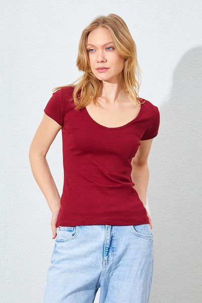 TENA Women's Burgundy Deep V-Neck Full Lycra Ribbed T-Shirt