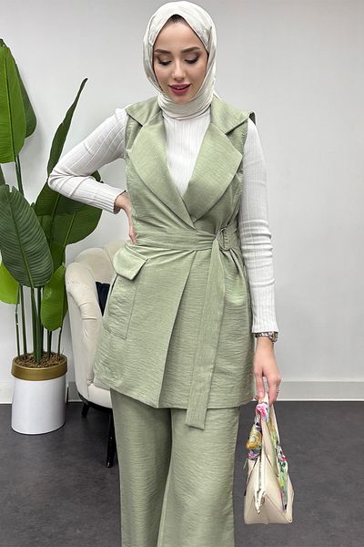 Tesettür Diyarı Women's Mint Green Pocket Tie Suit