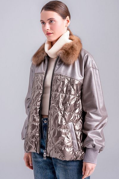Lebeni Women's Shiny Gray Leather and Puffer Coat - Mink Collar Jacket