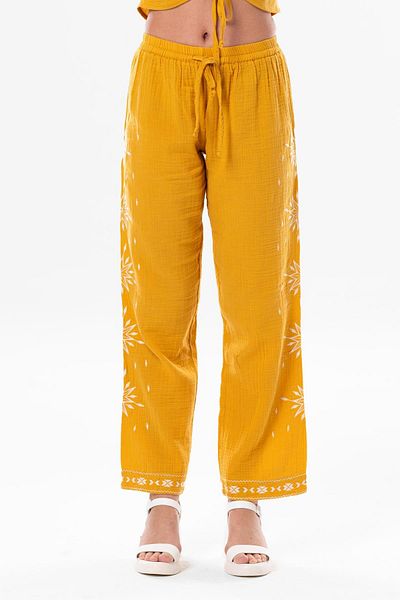 Eliş Şile Bezi Mustard Colored Summer Muslin Trousers with Elastic Waist