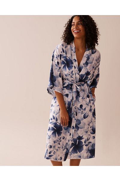 La Vie en Rose Blue Floral Print Frill Detail Satin Kimono