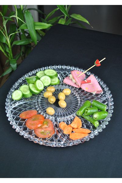 Qualitev 5 Compartment Glass Snack Bowl Breakfast Beaded Presentation Plate-26 cm