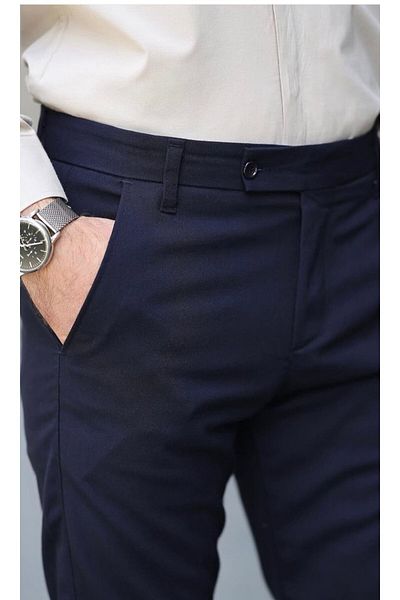 LUMAST Men's Slim Fit Lycra Basic Oldmoney Button Detail Ankle Fabric Trousers