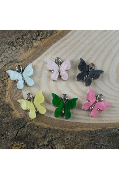 Prestij Boncuk Gümüş Metal Karışık Renkli Sedef Büyük Boy Kelebek Bileklik Kolye Ucu 5 Adet