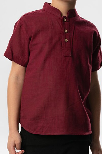 Eliş Şile Bezi Short Sleeve Slub Cotton Bodrum Summer Boy's Tshirt - Dark Claret Red 3068