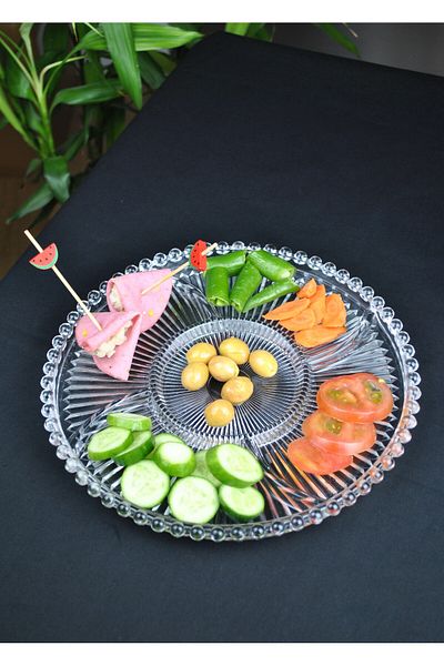 Qualitev 5 Compartment Glass Snack Bowl Breakfast Beaded Presentation Plate-26 cm