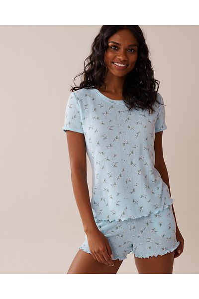 La Vie en Rose Floral Print Lettuce Edge Pointelle T-shirt