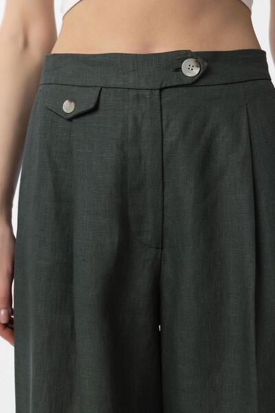 Antioch Khaki 100% Linen High Waist Pleated Women's Trousers