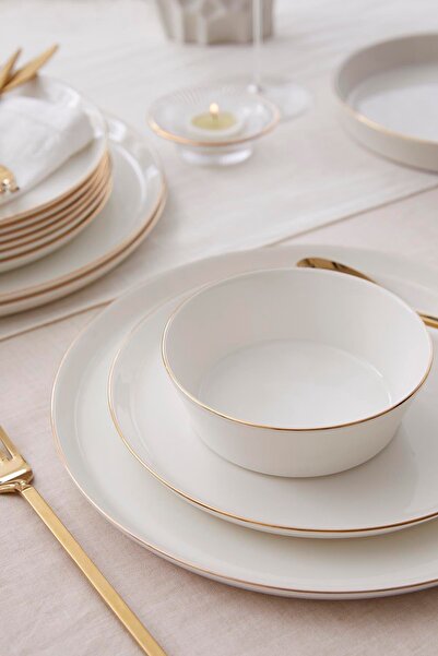 Kütahya Porselen Bone V-form 24 Parça 6 Kişilik Yemek Takımı Altın Fileli