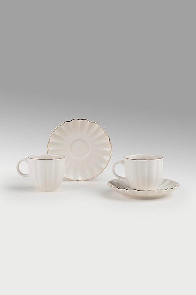 Kütahya Porselen Bone Luz Form 4 Piece Coffee Set for 2 People Gold Mesh