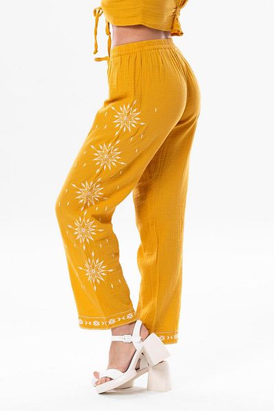 Eliş Şile Bezi Mustard Colored Summer Muslin Trousers with Elastic Waist