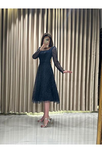 Kaleiçi Yıldızlar Navy Blue Square Collar Embroidered Dress Gs8504 8504