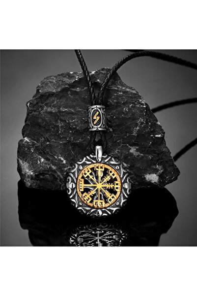 Choice قلادة رجالية من الجلد الذهبي على شكل بوصلة من خرز الرونية النوردية بال...