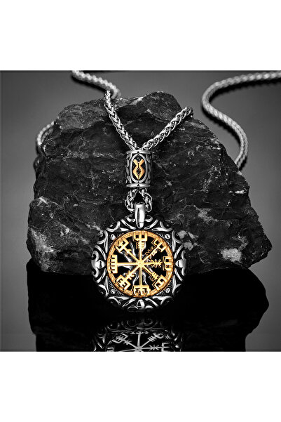 Choice قلادة ذهبية مع سلسلة من خرزات الرونية النوردية للرجال بتصميم بوصلة ذهب...