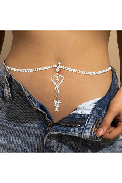 Choice خاتم سرة البطن مطلي بالفضة على شكل قلب بوهيمي من GLAMing مزود بسلسلة من حجر الراين وثقب السرة مع خصر