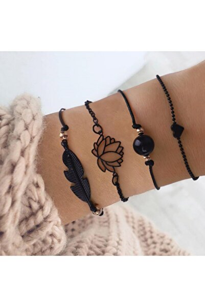 Choice طقم بدلة مكون من أربع قطع، طقم أساور مكون من أربع قطع، طقم نسائي من سبائك الرياح الداكنة، طلاء بخاخ، أوراق، زهرة اللوتس، قلب الخوخ