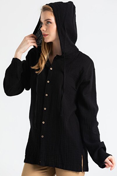 Eliş Şile Bezi Γυναικεία καλοκαιρινή μουσελίνα φούτερ με μακρυμάνικη κουκούλα Μαύρο Syh