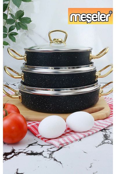 MEŞELER 3 Piece Granite Omelet Pan Set - Black Gold