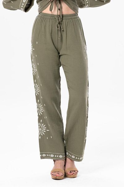 Eliş Şile Bezi Elastic Waist Daylight Summer Muslin Trousers Khaki Hk