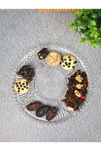 Qualitev 5 Compartment Glass Snack Bowl Breakfast Beaded Presentation Plate-26 cm