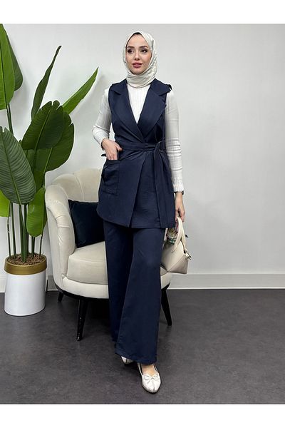 Tesettür Diyarı Navy Blue Women's Pocket Tie Suit