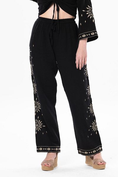 Eliş Şile Bezi Black Muslin Casual Summer Trousers - Elastic Waist