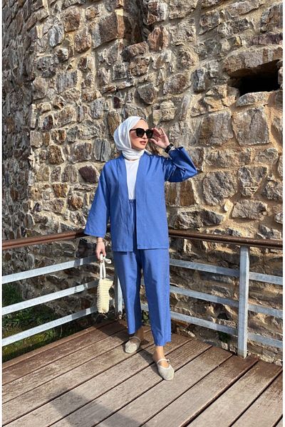JANES Γυναικείο μακρυμάνικο ανοιχτό μπροστινό υφαντό σακάκι και παντελόνι διπλό σετ