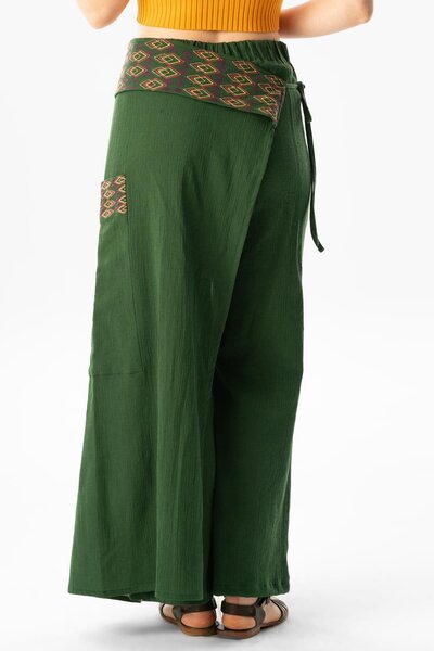 Eliş Şile Bezi Green Embroidered Sile Cloth Authentic Trousers - Summer with Tie Detail
