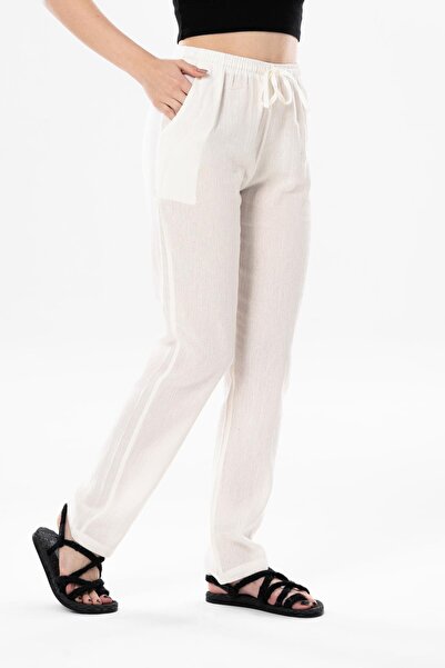 Eliş Şile Bezi Şile Cloth Double Pocket Unisex Summer Trousers Cream Red