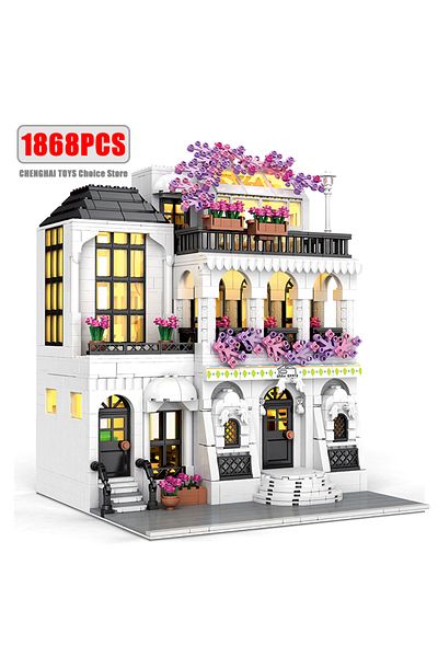 Choice بدون الصندوق الأصلي MOC Creative European Architecture Building Blocks Garden Hotel Flower Street V