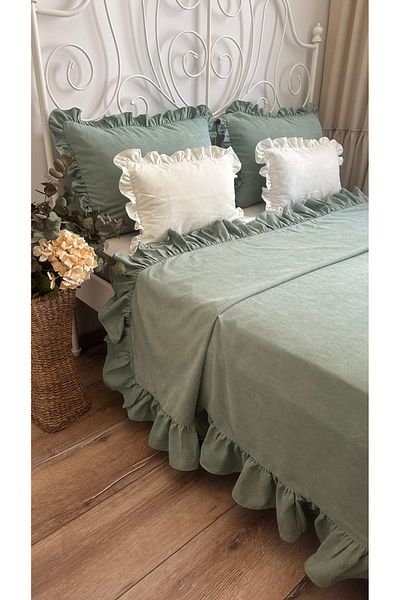 Decamor home Vintage Sage Green Ruffled Bedspread Double 3 Pieces