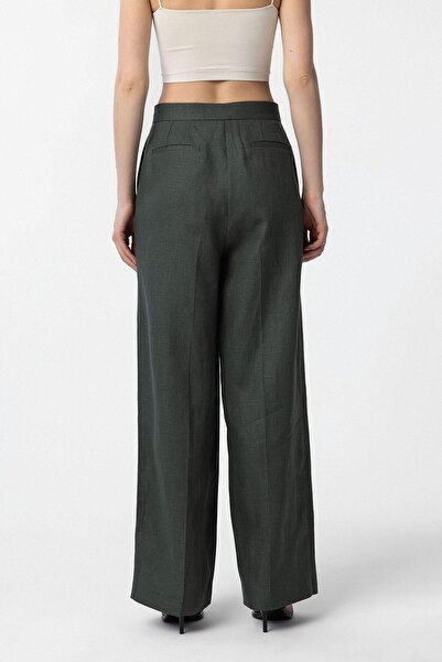 Antioch Khaki 100% Linen High Waist Pleated Women's Trousers