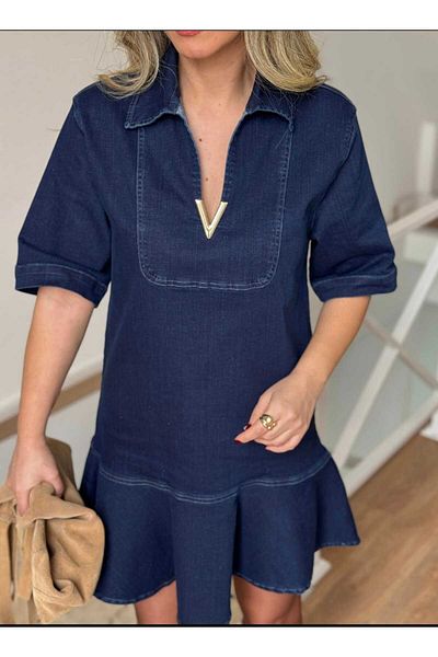 DUSOHOME Rochie de jeans cu guler auriu V Accesorii