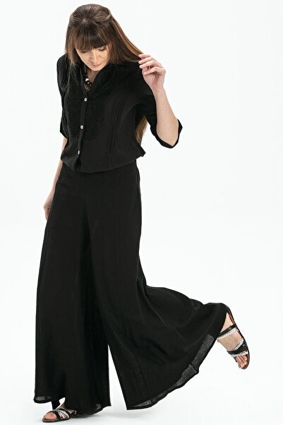 Eliş Şile Bezi Wide Leg Black Summer Trousers Şile Bezi
