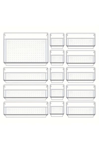 Choice 14pcs 10-piece Versatile Drawer Organizer Set - Clear Plastic Trays And Dividers In 4 Sizes For Perf