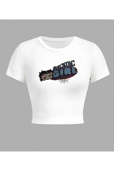 Touz Moda Bluză crop albă cu imprimeu Atomic Girl
