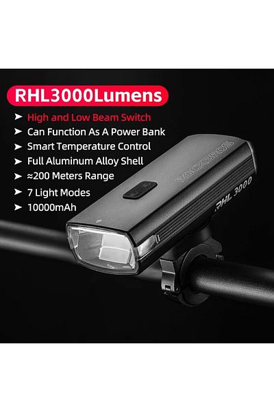 Choice RHL3000LM ROCKBROS 3000LM Bike Light 10000mAh Power Bank Type-C Charging Front Lamp Bicycle Headligh