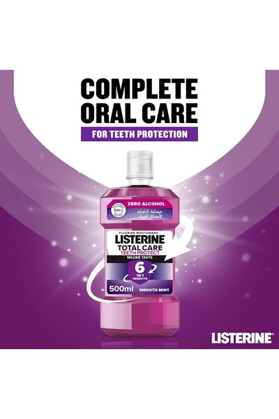 Listerine Mouthwash, Total Care, Mild Mint Flavor, 3 × 500 ml Pack (1500 ml), Alcohol-Free