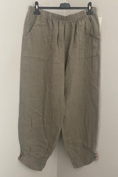 AYASOFYA OTANTIK Women's Italian Mink Elastic Waist Pocket Button Detailed Pencil Long Loose Linen Trousers