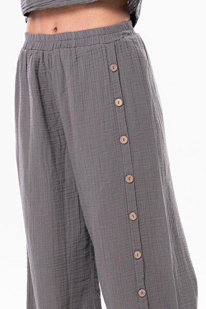 Eliş Şile Bezi Προσαρμοσμένο σκίσιμο καλοκαιρινό παντελόνι μουσελίνας γκρι γκρι