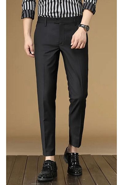 LUMAST Men's Slim Fit Lycra Basic Oldmoney Button Detail Ankle Fabric Trousers