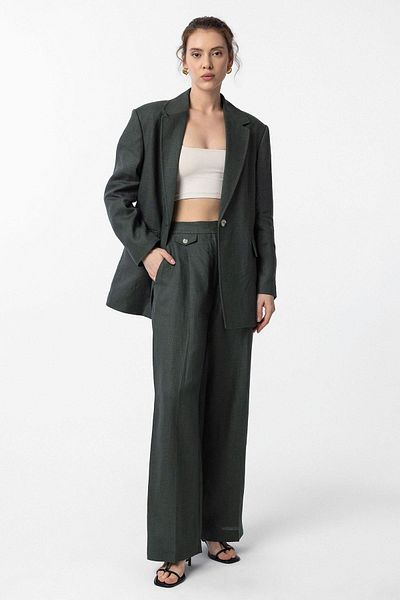 Antioch Khaki 100% Linen High Waist Pleated Women's Trousers