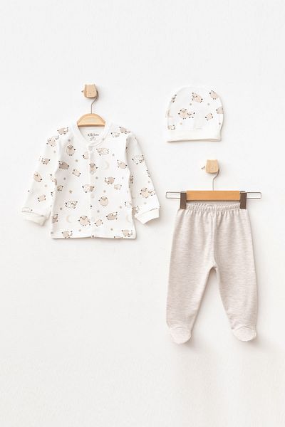 Aziz Bebe Baby Boy Lamb Patterned Cardigan Pants 3-Piece Top and Bottom Set 0-6 Months