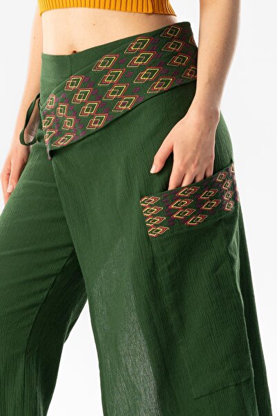Eliş Şile Bezi Green Embroidered Sile Cloth Authentic Trousers - Summer with Tie Detail