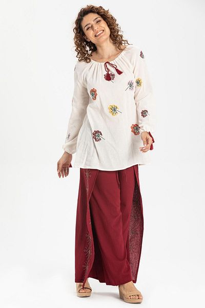 Eliş Şile Bezi Embroidered Şile Cloth, Riddle, Summer Pants and Claret Red Tshirt
