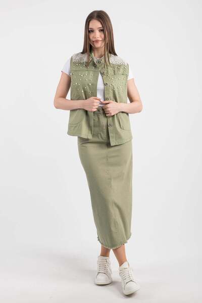 Hatun Atila Жіночий жилет з джинсової тканини з перламутровими деталями на плечах 7790 - зелений