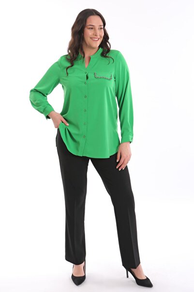 Metpoint Trend42Plus Big Size Embroidered C Collar Green Shirt with Pockets